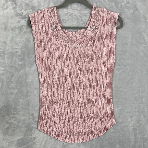 Dress Barn Tops - Cocquette Cami‎ Tank Top Womens L Pink Stretchy Crinkle Satin Lace Feminine